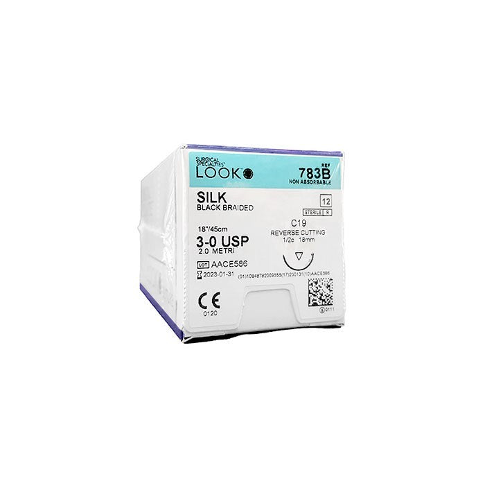Look 783B Silk Black Braided Non-Absorbable Revere Cut Sutures C19 3-0 18 Look 783B Silk Black Braided Non-Absorbable Revere Cut Sutures C19 3-0 18